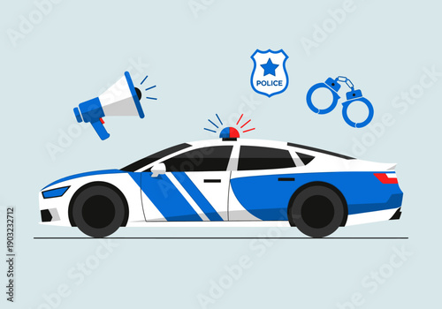 Police car illustration with megaphone, handcuffs, and badge, symbolizing law enforcement and authority in a graphic representation.