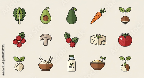 Collection of fresh healthy vegetables and fruits icons.