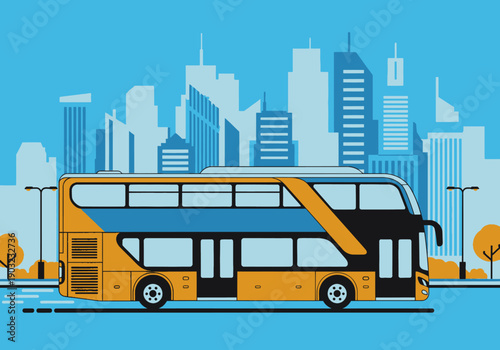 Modern cityscape with a yellow double-decker bus driving down a road surrounded by tall buildings and trees from a frontal viewpoint