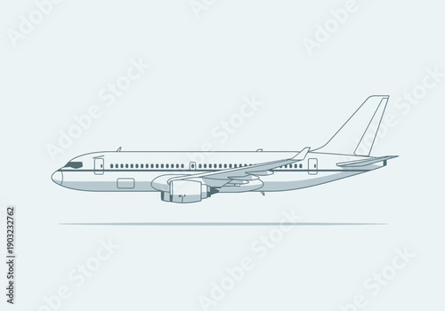 Detailed illustration of a commercial airplane in flight from a side view showcasing its sleek design and aerodynamic features