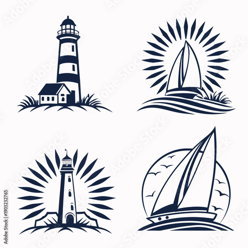 Four nautical icons representing a lighthouse, sunrise, sunset, and sailboat Vector