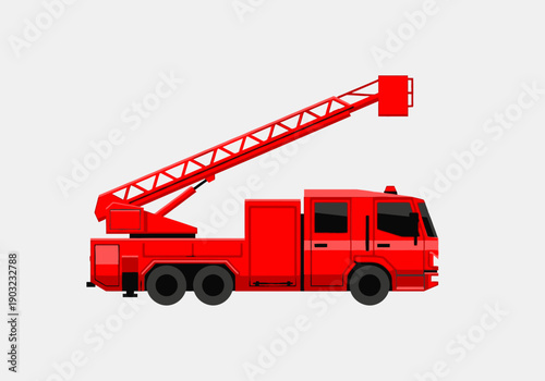 Red fire truck with extended ladder viewed from the side on a white background