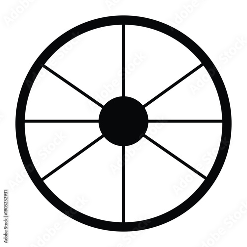 Minimalist Black Wagon Wheel Icon with Eight Spokes