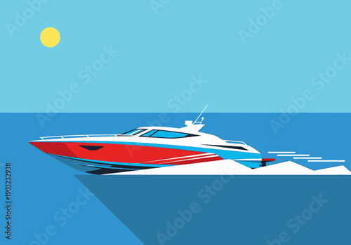 Red and white speedboat sailing on calm blue ocean waters under a sunny sky from a high viewpoint