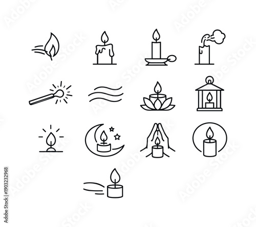 Candle Flicker. Line icon set of Candle Flicker: candle flame sway, wax drip, candle holder, extinguishing flame, match spark, airflow lines,