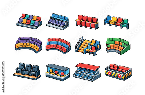 Isometric Arena Seating. Empty arena seats. Colorful isometric vector icons set of empty arena seats: vacant stadium rows, empty bleachers, folded seat row,