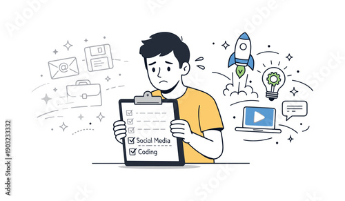 Skills becoming irrelevant. A character holding a checklist with some items gently fading, surrounded by emerging new symbols. Friendly