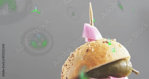 Camera sliding down left revealing sesame slider as neon icons growing and drifting showing layers