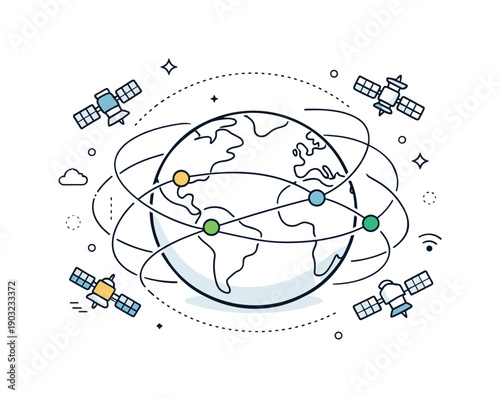 Global Connectivity Illustration. Global connectivity satellites. Satellite constellation surrounding a simplified globe with signal lines connecting