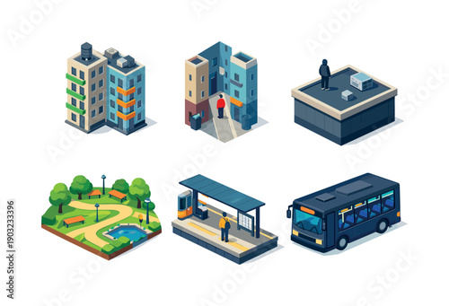 Urban environment. Isometric flat vector icons set of urban environment: tall apartment blocks with small balconies, narrow alley with one