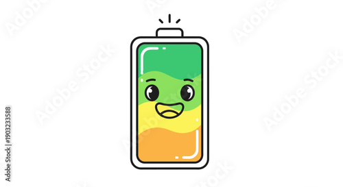 Adorable battery character icon illustration with happy face and charging status indicating full