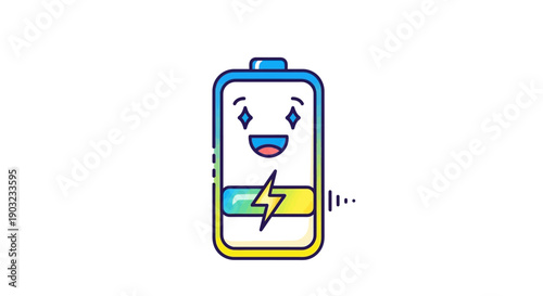 A cheerful and fully charged battery icon with a happy face and sparkling eyes radiating positive