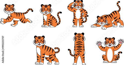 Cute Cartoon Tiger Illustration Set with Multiple Poses Orange Wild Animal Characters for Kids Nursery and Educational Design