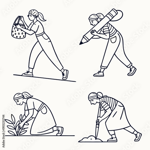 Four individuals performing various exercises in a gym setting with equipment. Vector