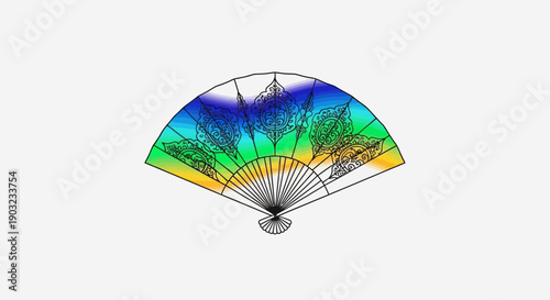 A vibrant ornate hand fan with a beautiful spectrum of colors on a minimalist background