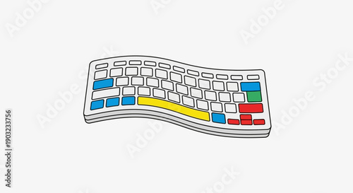 Stylized ergonomic computer keyboard with colorful keys for digital input illustration