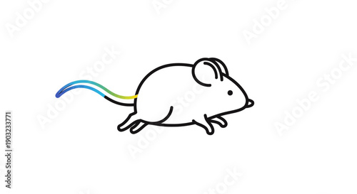 A playful line art illustration of a tiny mouse with a vibrant rainbow-colored tail scampering