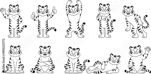 Cute Cartoon Tiger Line Art Set with Funny Poses Black and White Wild Animal Characters for Kids and Creative Design