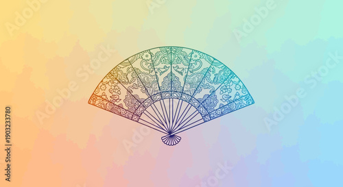 Elegant hand fan illustration with intricate patterns against a vibrant watercolor gradient