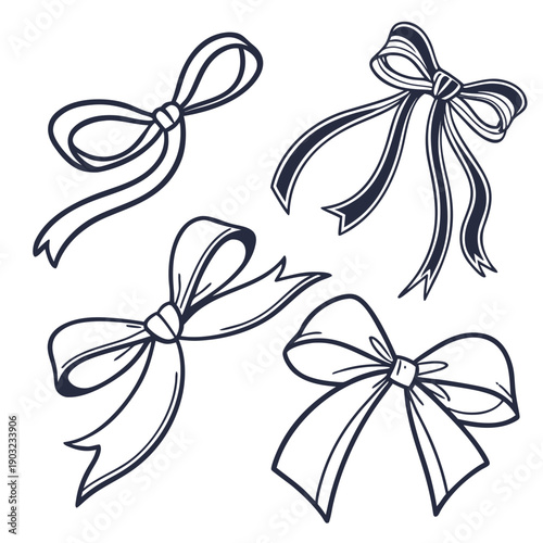 Four intricately drawn white bows with different designs and ribbon styles. Vector