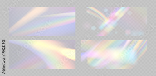 Blurred rainbow refraction overlay effect. Light lens prism effect on transparent background. Holographic reflection, crystal flare leak shadow overlay. Vector abstract illustration.