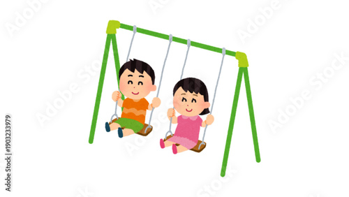 A vibrant, colorful cartoon illustration of a boy and a girl smiling happily while playing on a green swing set