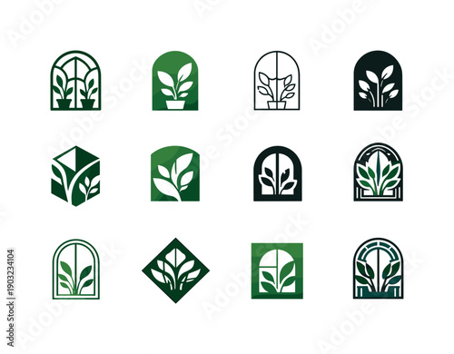 Biophilic design. Icon set. Set Logo of biophilic design: window frame with plants. harmonious logo variations of the same emblematic