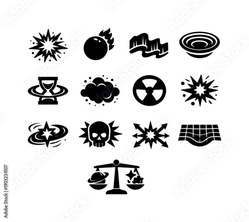 Cosmic Phenomena. Solid icon set of Cosmic Phenomena: supernova burst, solar flare, aurora waves, gravity waves, time dilation symbol, dark