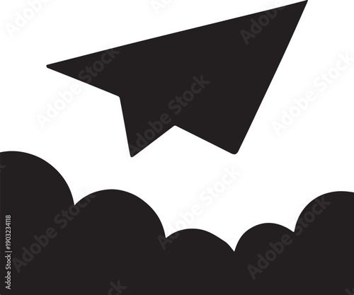 A black silhouette of a paper plane flying high above a series of puffy clouds on a white background. isolated on white background, illustration