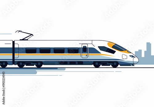 Modern train traveling through urban landscape with cityscape in the background, viewed from the side