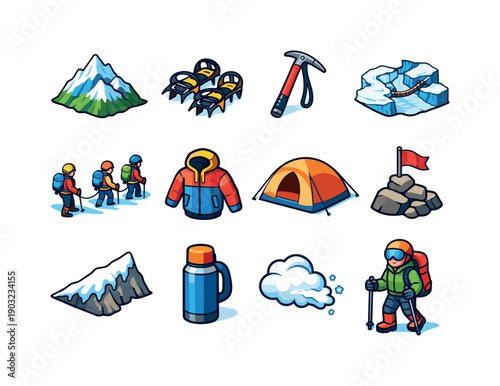 Alpine Adventure Icons. Alpine Adventure. Colorful isometric vector icons set of Alpine Adventure: snowy mountain, crampons, alpine axe, glacier path, rope