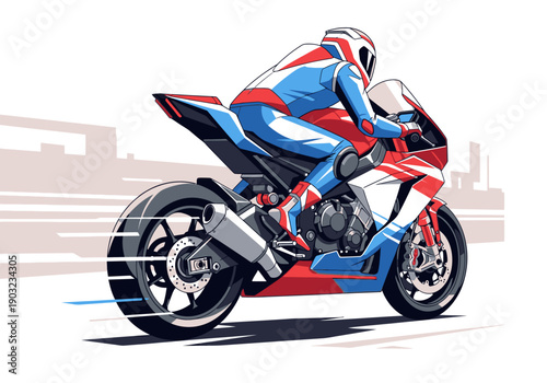 Racing motorcycle with rider in motion, viewed from behind, showcasing speed and agility on a track.