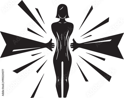 Stylized graphic of a female silhouette experiencing intense external pressure, symbolizing societal scrutiny and its profound impact on body image and personal confidence