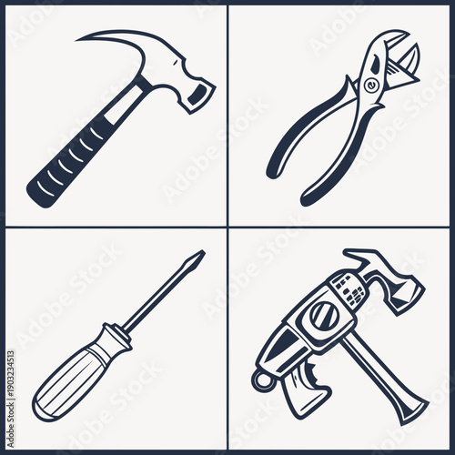 A collection of various tools including a hammer, pliers, screwdriver, and wrench. Vector