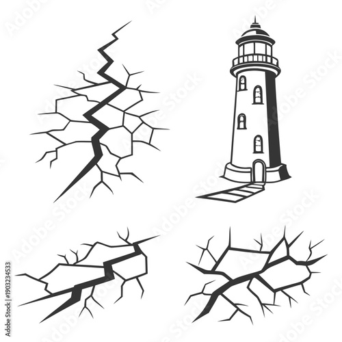 Illustration of a lighthouse and earthquake activity with cracks and waves. Vector