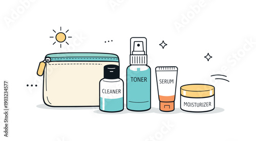 Summer skincare minimal travel size. Compact skincare bottles placed next to a small pouch, ready for summer trips. The scene feels