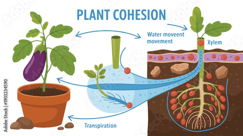 A detailed educational diagram explaining plant cohesion in plants, with PLANT COHESION written in large (4)_traced