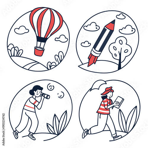 A whimsical illustration of various activities and objects in a dreamy setting Vector