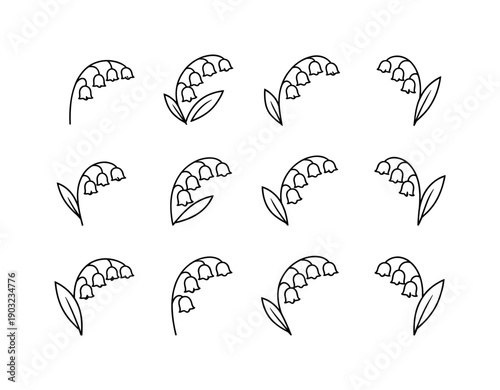 Minimal Lily of the Valley. Line icon set of Minimal Lily of the Valley: simple bell flower, clean stem, smooth leaf, minimal blossom, floral