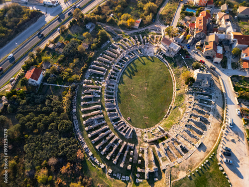Cuadro en lienzo Ancient Roman ruins of the city of Solin in Croatia, Split - 4K aerial view from