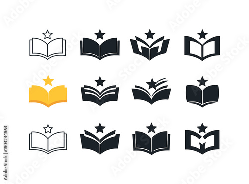 Book review. Icon set. Set Logo of Book review: open book and star. harmonious logo variations of the same emblematic concept, each with
