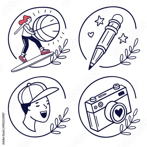 Four distinct illustrations showcasing various winter and outdoor activities. Vector