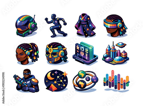 Afrofuturism. Colorful isometric vector icons set of Afrofuturism: futuristic afro helmet, cosmic Black figure, galaxy pattern