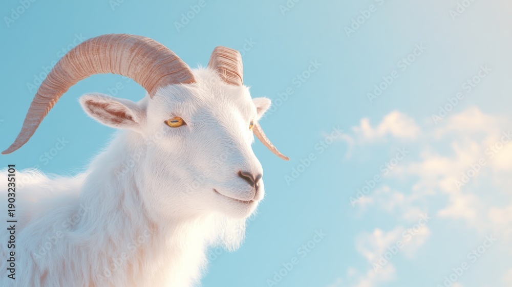 Obraz premium Majestic goat with curved horns against a clear blue sky