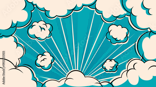 Comic book halftone sky background with pop art bursting clouds, vector illustration. Dynamic cartoon sky explosion with radiation graphic effect, super hero retro banner