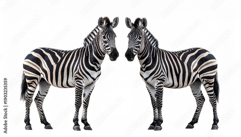 Obraz premium Two majestic zebras, featuring their distinctive black and white striped patterns, stand gracefully facing each other in a clean studio shot isolated on a pristine white background