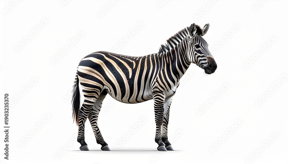Obraz premium Detailed studio photograph of an adult zebra, highlighting its black and white stripes. Isolated on a clean white background, perfect for design