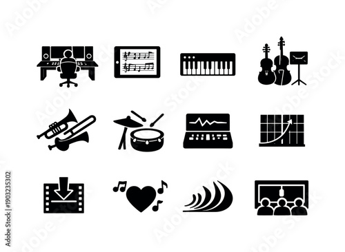Modern film scoring. Solid icon set of modern film scoring: composer desk, digital score, MIDI keyboard, orchestral strings, brass section,