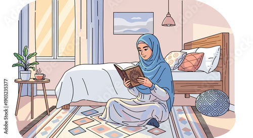 Muslim Woman Reading Quran in Bedroom, Islamic Devotion and Spirituality