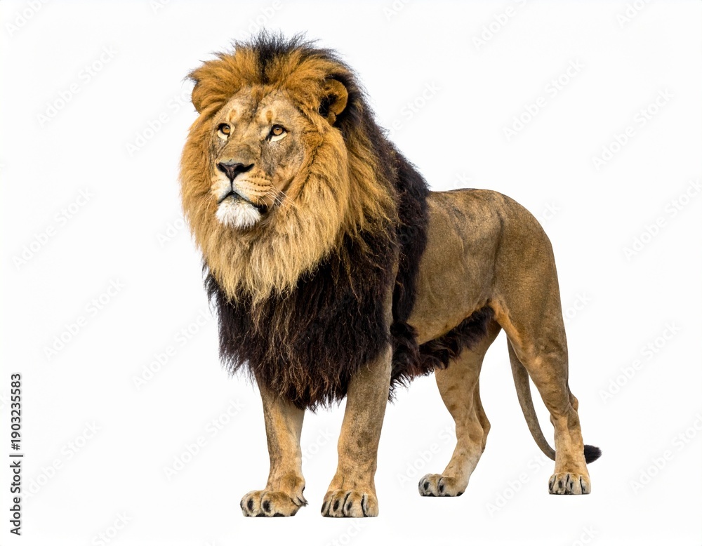 Obraz premium A majestic male lion with a full dark and golden mane stands proudly, looking to the left on a clean white background.